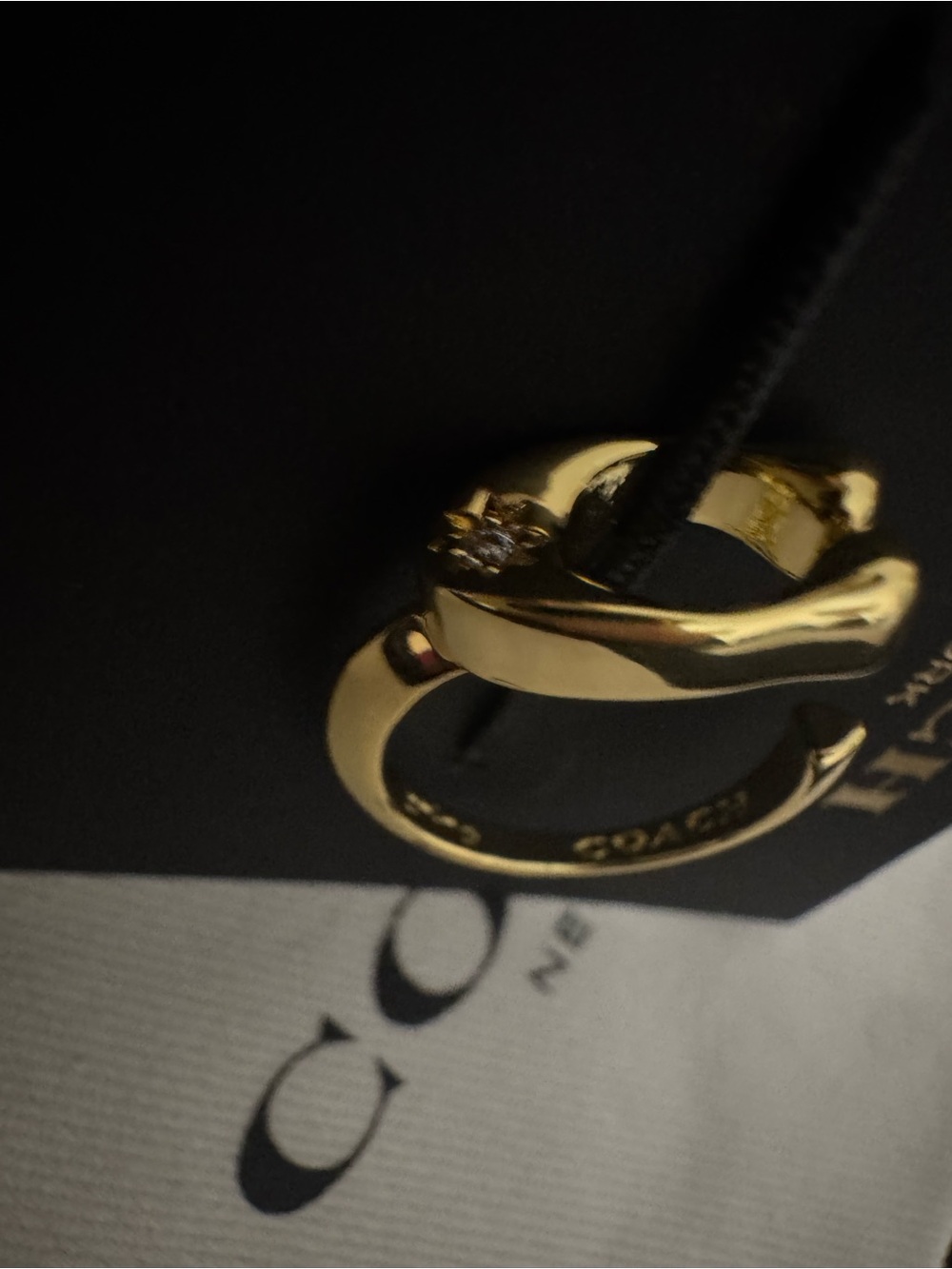 Coach Gold C logo Sculpted Ring with Crystal